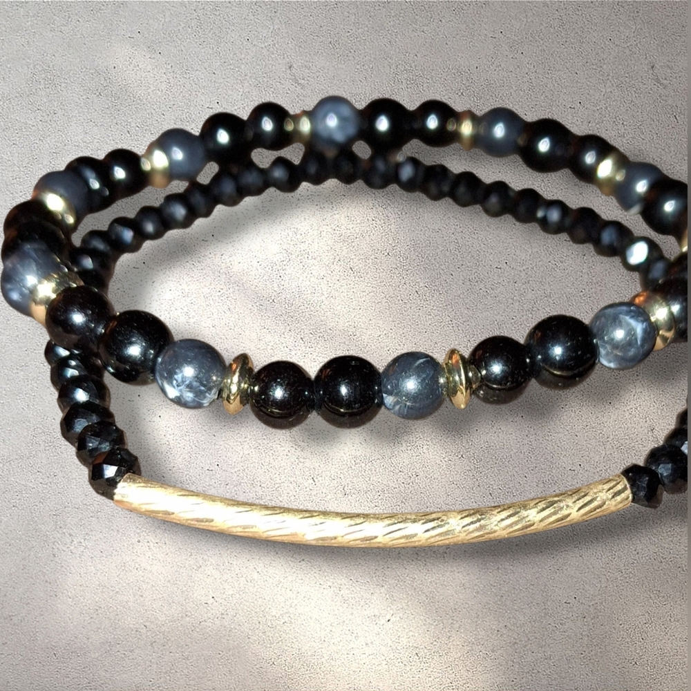 Two Black & Goldtone Dainty Beaded Stretch Bracelets Sparkly Classic